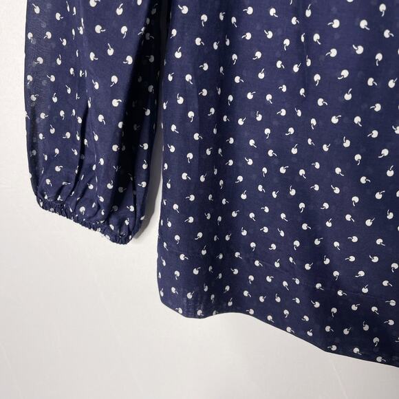 J Crew Womens 2XS Navy Blue Ruffle Tiny Cherries Printed Blouse Top Long Sleeve - Picture 6 of 14